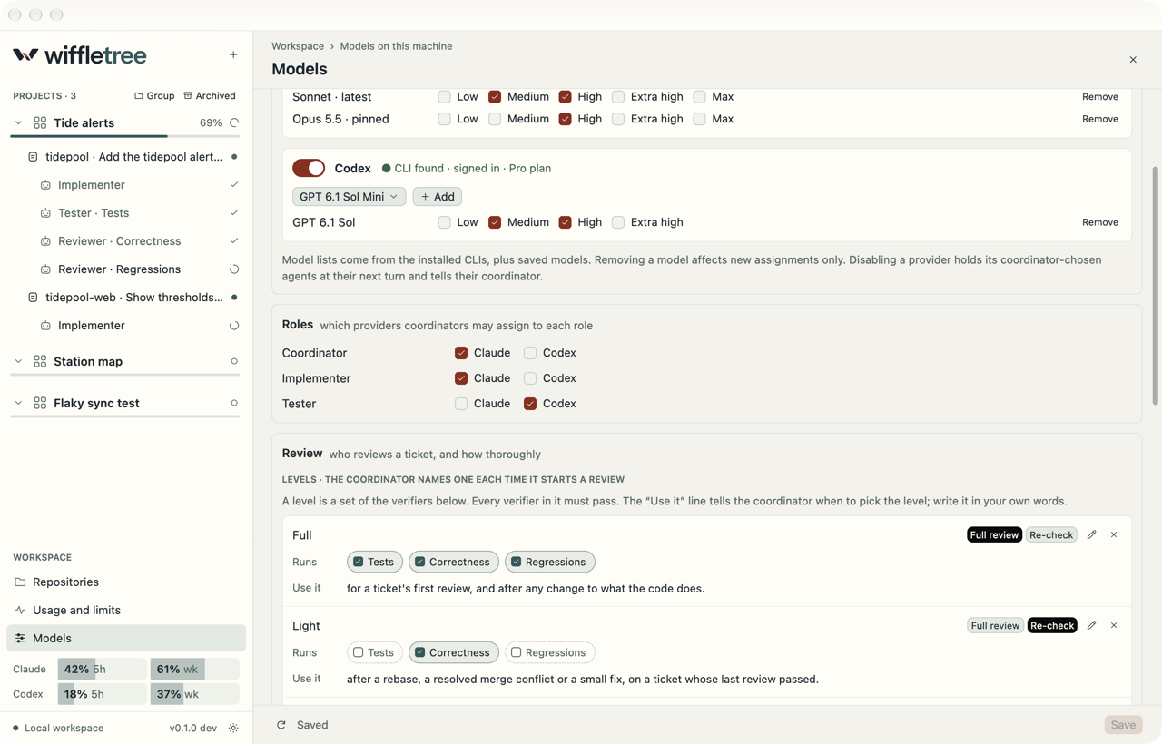 The Models page with the models allowed on this machine, the providers for each role and the Full and Light review levels